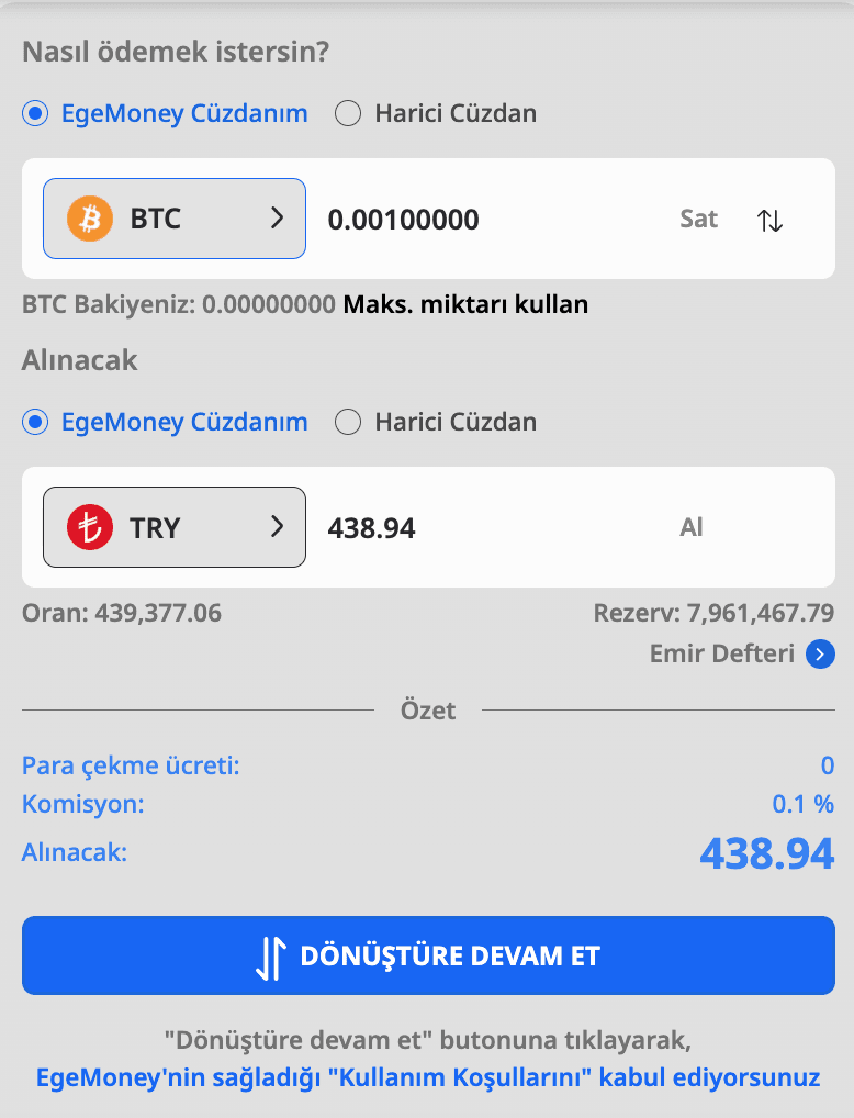EgeMoney Dönüştür ile Bitcoin Satışı 2